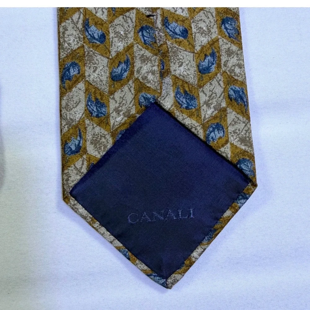 Canali Made in Italy 100% Silk Tie Gold Blue Leaf Geometric Men's Necktie